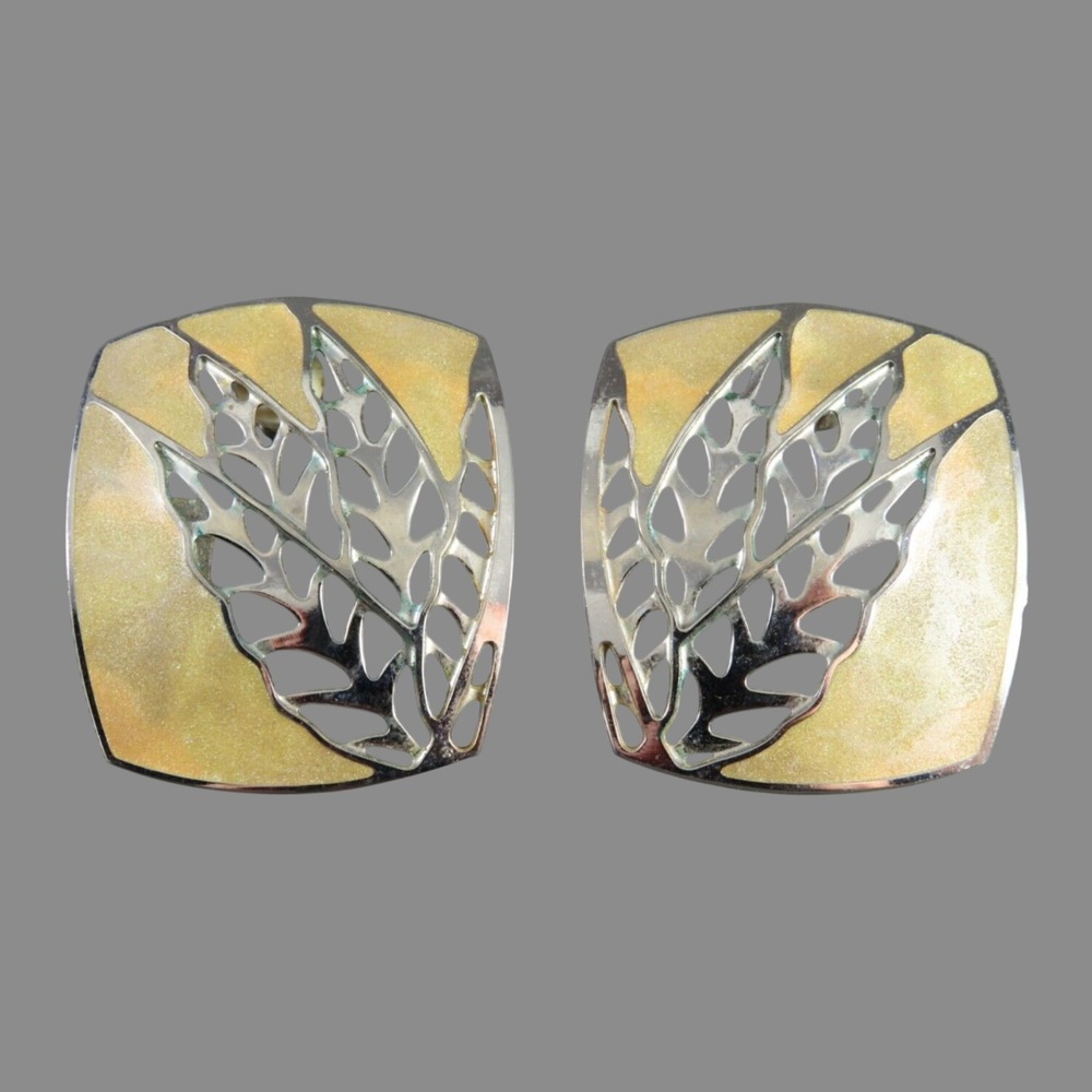 Vintage EDGAR BEREBI EARRINGS Cream Shimmer Enamel SILVER CUT OUT LEAVES FROND